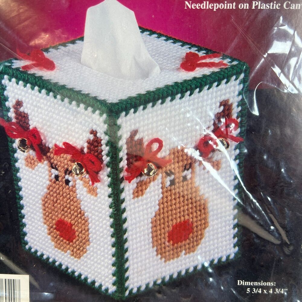 Plastic Canvas Tissue Box Needlepoint Reindeer Kit New Unopened Complete